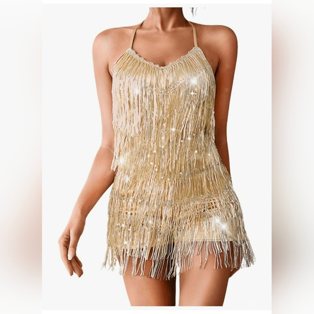 Kaei&Shi Gold Sequin Fringe Romper Size Medium